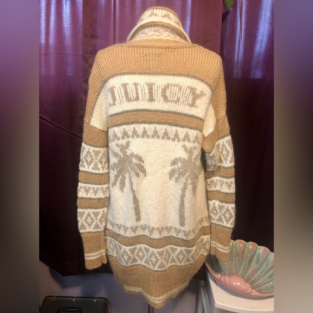 Juicy Couture Palm Trees Long Open Sweater Cardigan Mohair Wool Blend Cream Tan - Picture 1 of 6